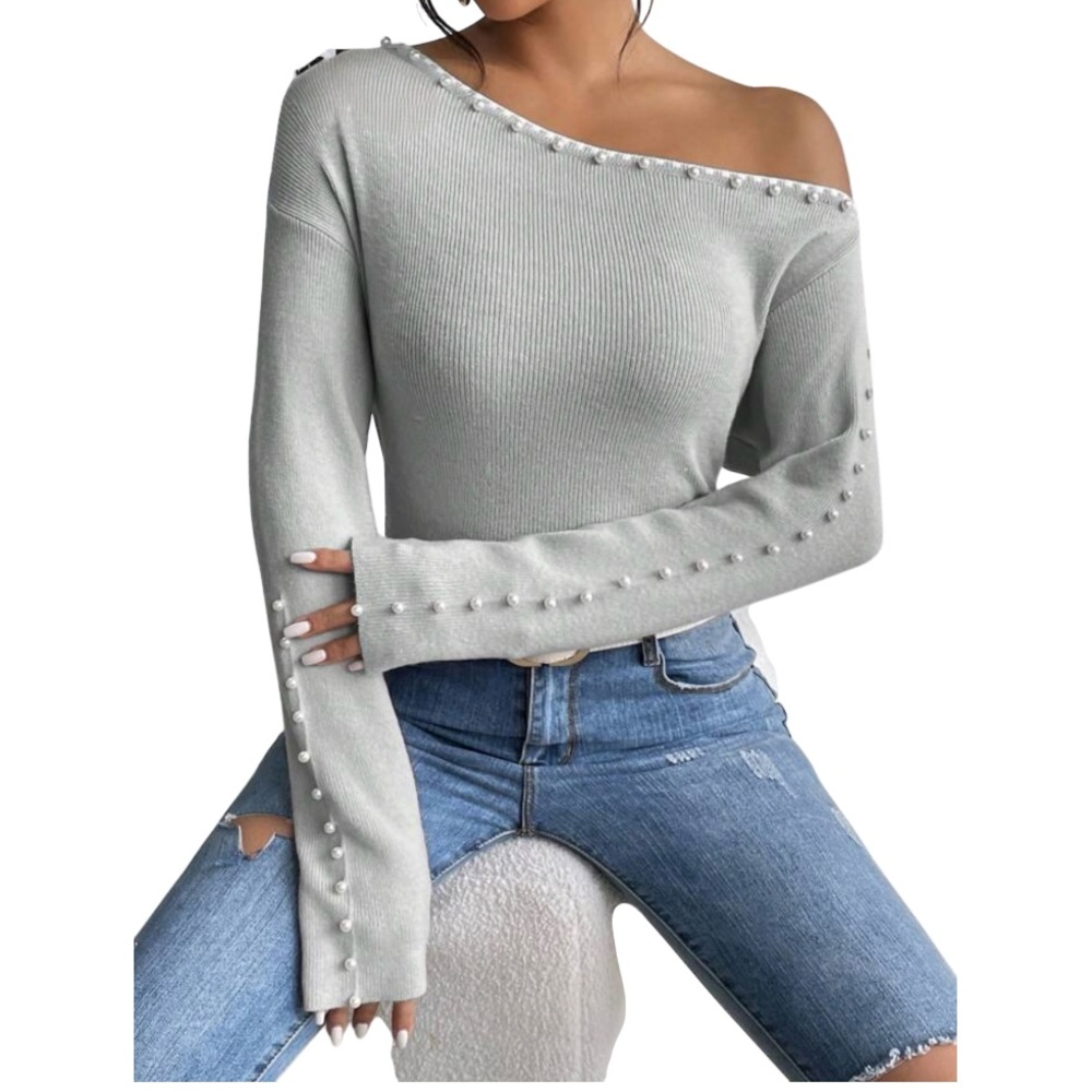 Pearls sweater oblique cold shoulder asymmetrical one beaded gray off sweatshirt